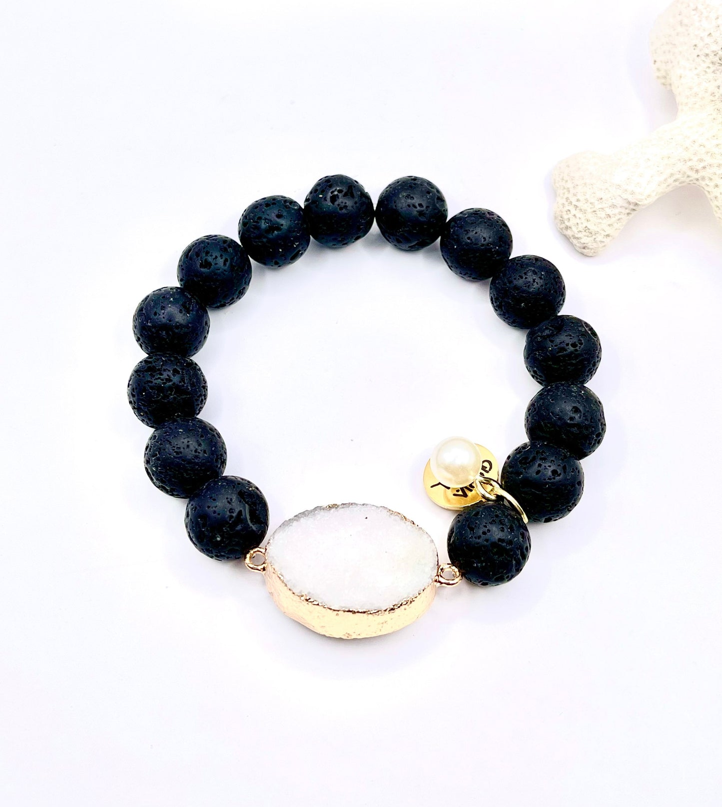 Black lava beads / black onyx/ crystal / agate druzy / gold arrow head cz cuff set of 4 bead bracelets