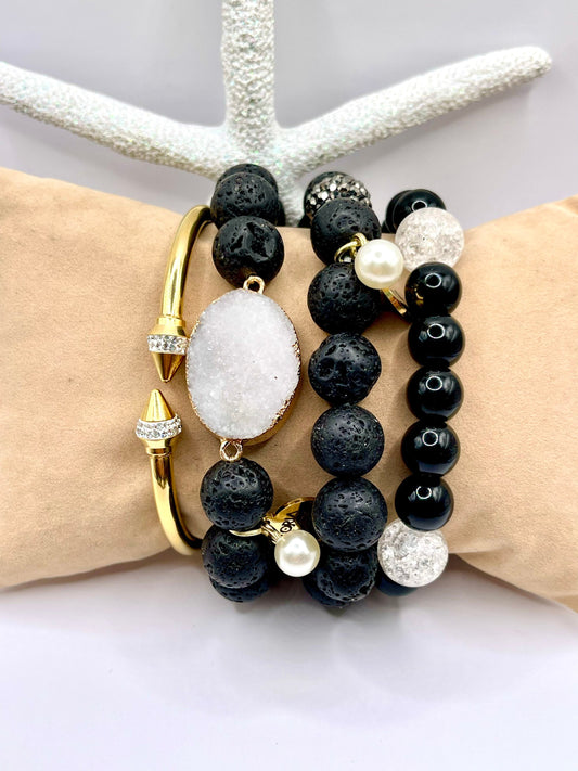 Black lava beads / black onyx/ crystal / agate druzy / gold arrow head cz cuff set of 4 bead bracelets