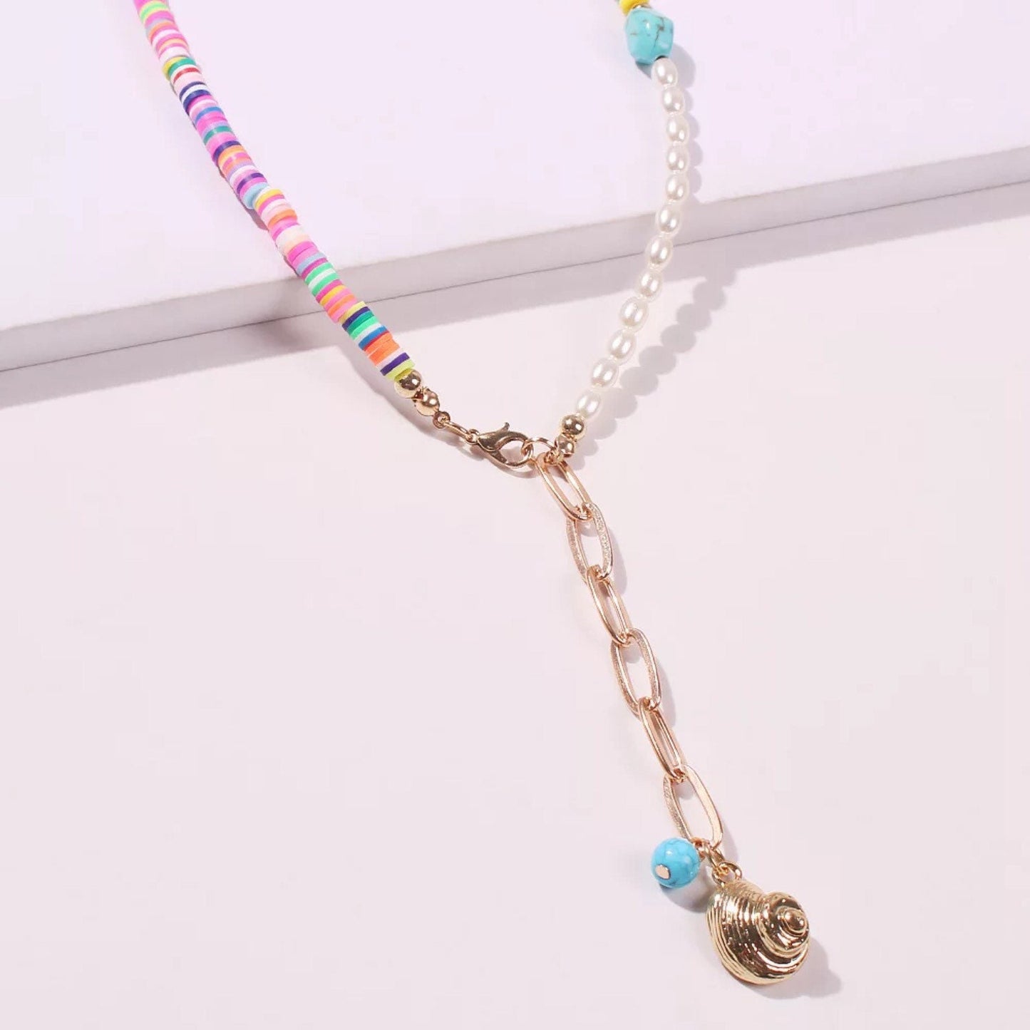 Fun summer necklace with rainbow colors and  pearls/Gold shell pendent Bohemia style turquoise beaded necklace. Lariat style.