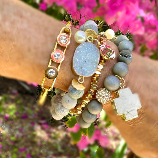 Gray druzy quartz accented with geode beads accented with gold bracelet