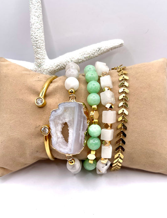 Mint green jade beads/gold bracelet/agate cube bracelet/agate slice bead bracelet/gold cz cuff