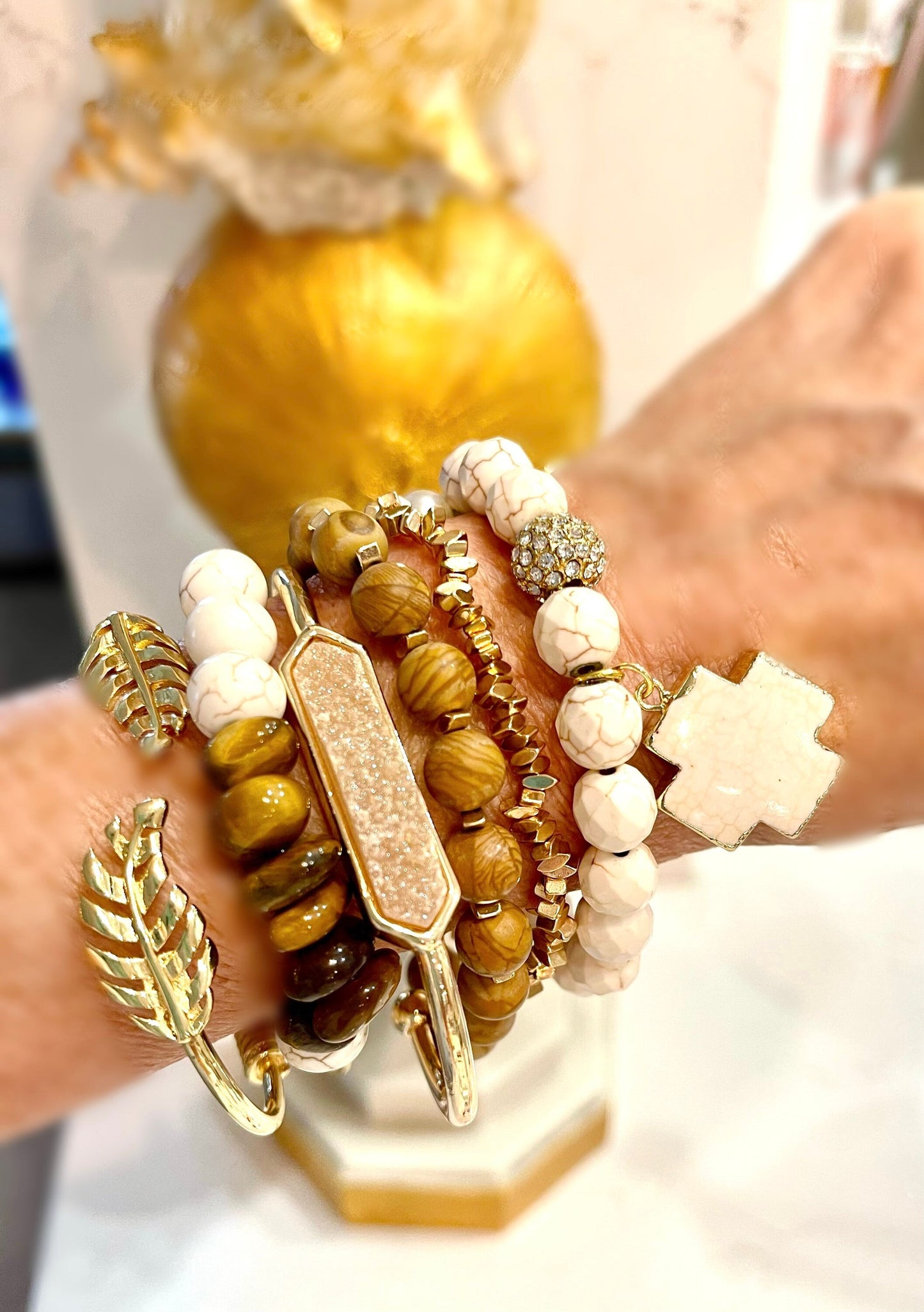 Creamy howlite bead bracelets/Druzy quartz cuff/gold leaf cuff/tigers eye beads