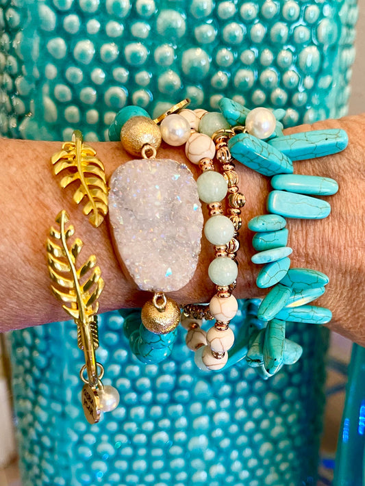 Turquoise beads with druzy quartz stone/cream howlite beads/half inch turquoise slice bracelet/gold leaf cuff