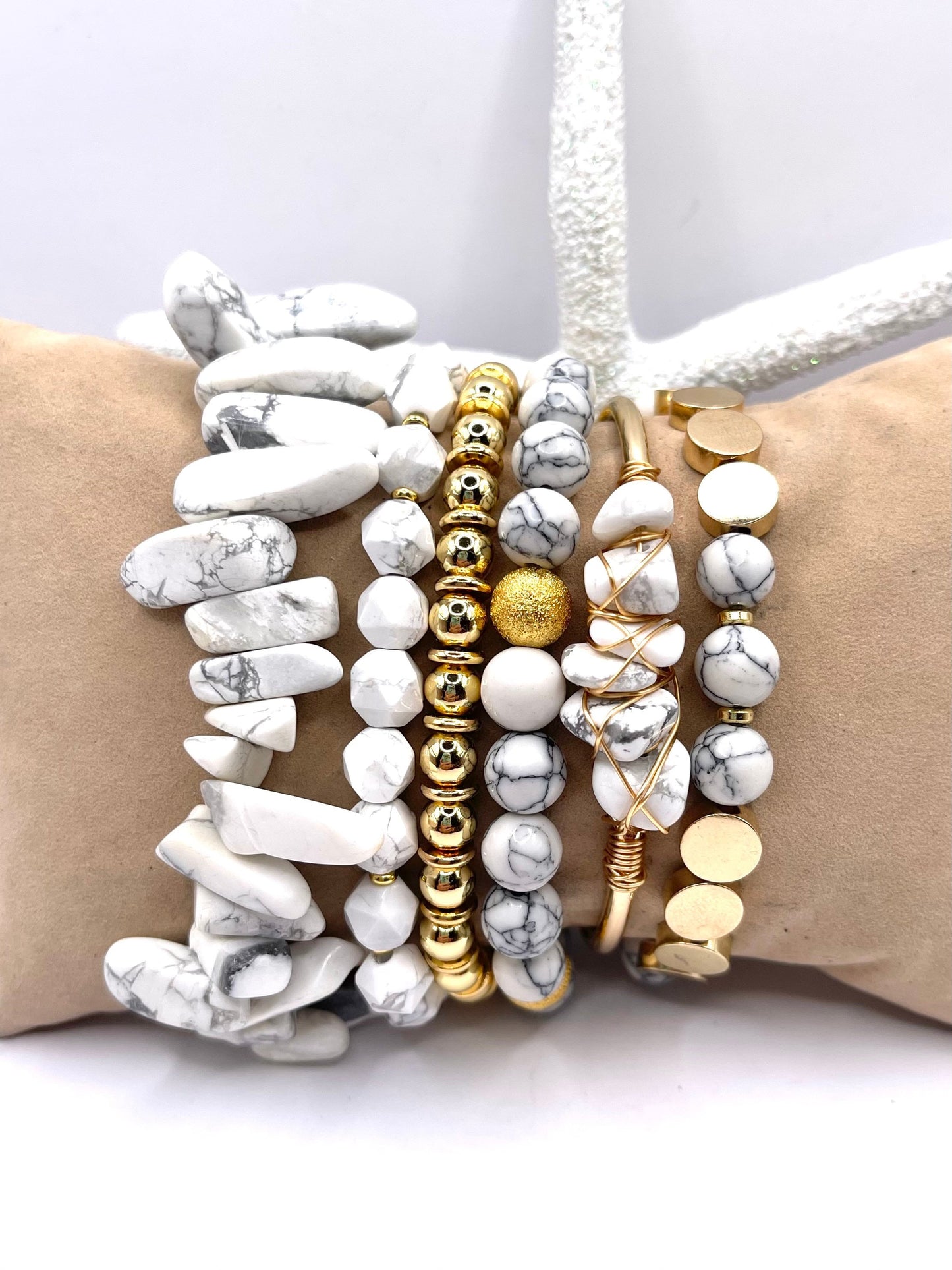 Beautiful howlite beads and gold/cuff covered in howlite stones/gold bead bracelet-Beaded bracelet set