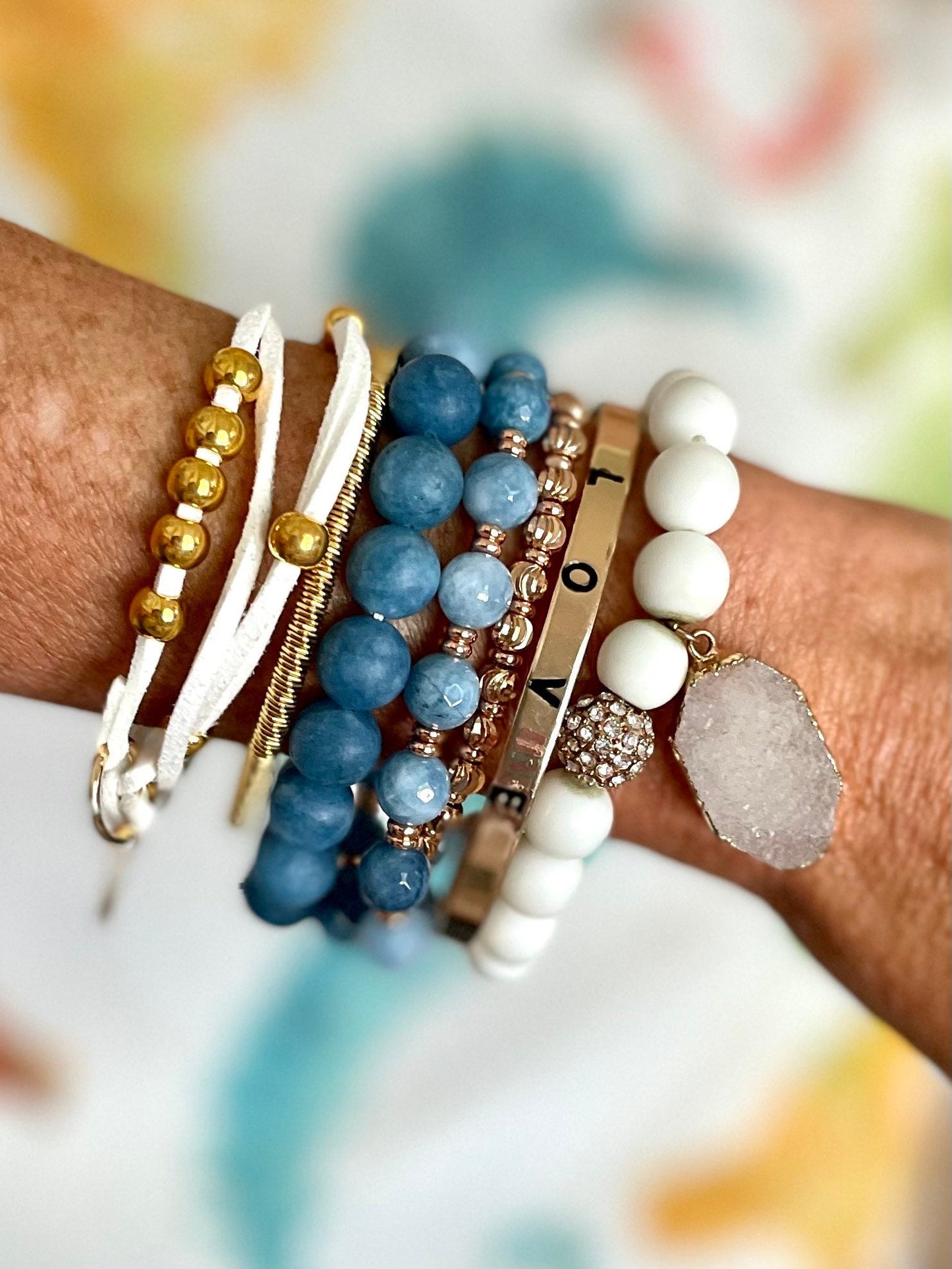 White leather wrap bracelet/gold cuffs/druzy quartz charm