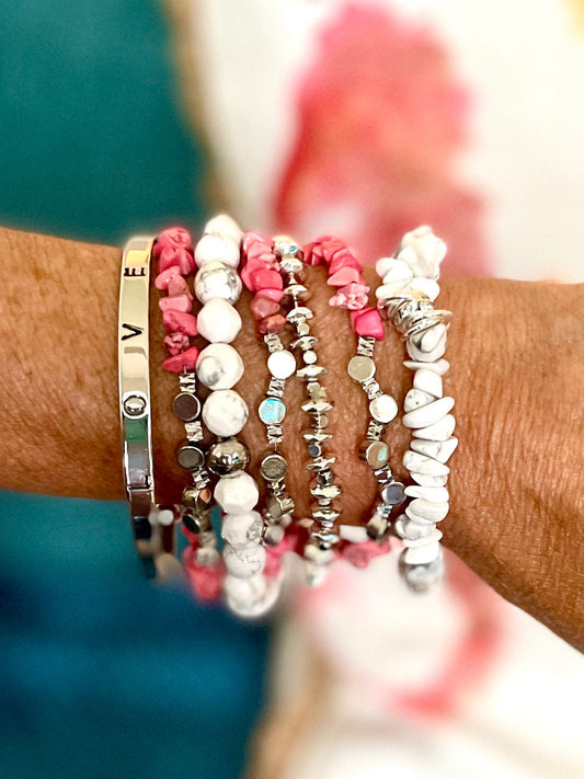 Light and colorful for summer. Minimalist stack of Howlite and silver.