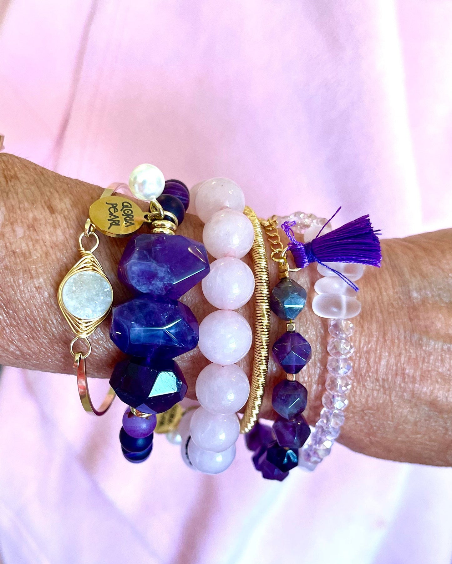 Purple and pink!!  Such a pretty combination. Amethyst chunks/Druzy Quartz bracelet/pink seaglass/pink chalcedony/gold cuff