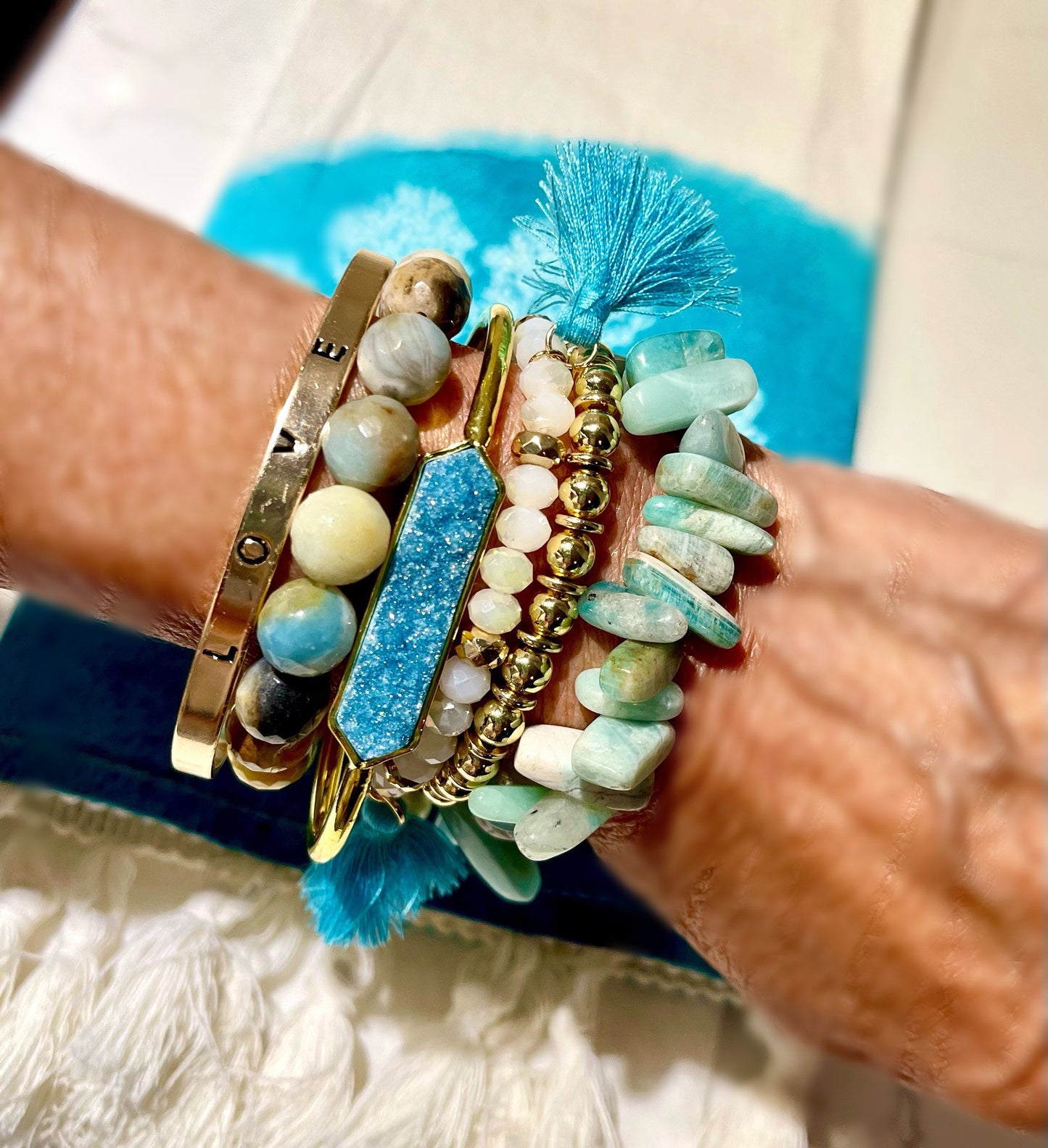 Love bracelet with amazonite beads/gold and aqua accents