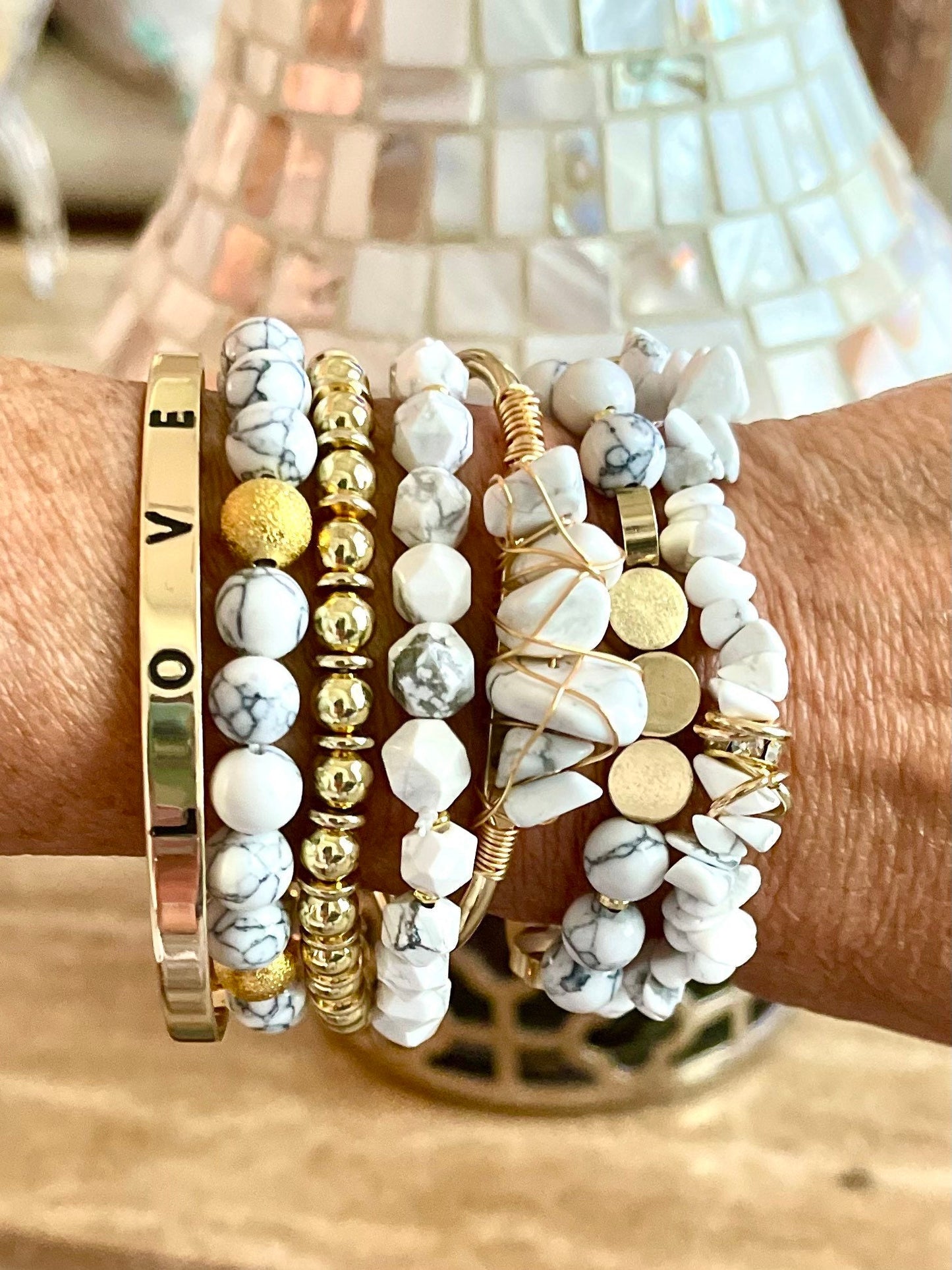 Howlite chunky cuff/howlite and gold bracelets/Love cuff