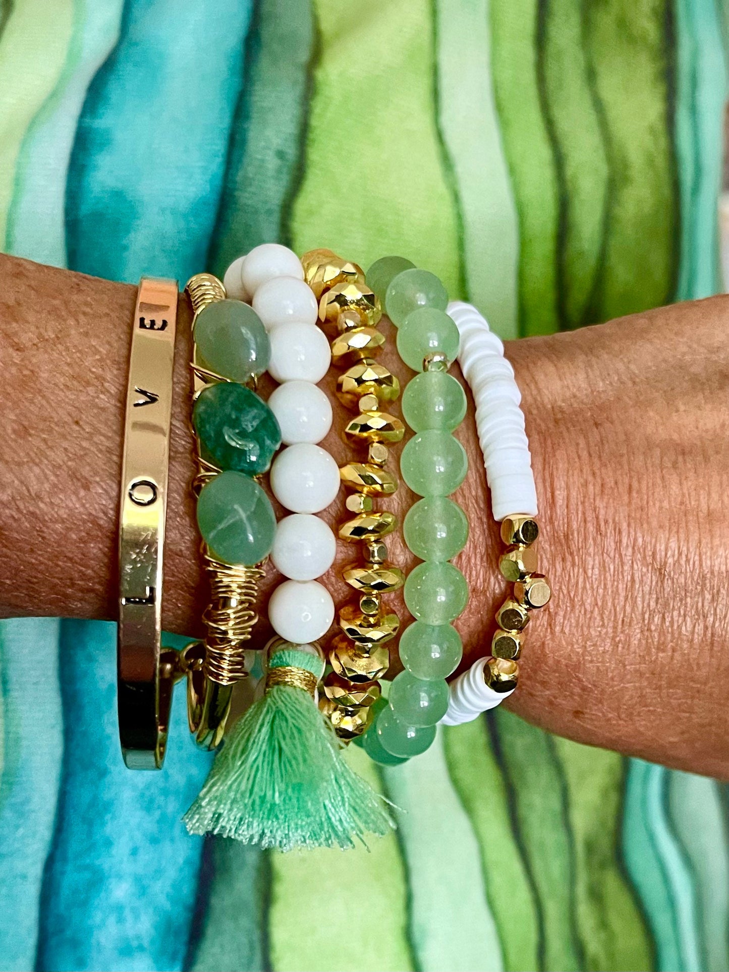 Mint green Jade beaded gold cuff/green chalcedony beads/gold beads/tassel on white ware beads/ LOVE cuff