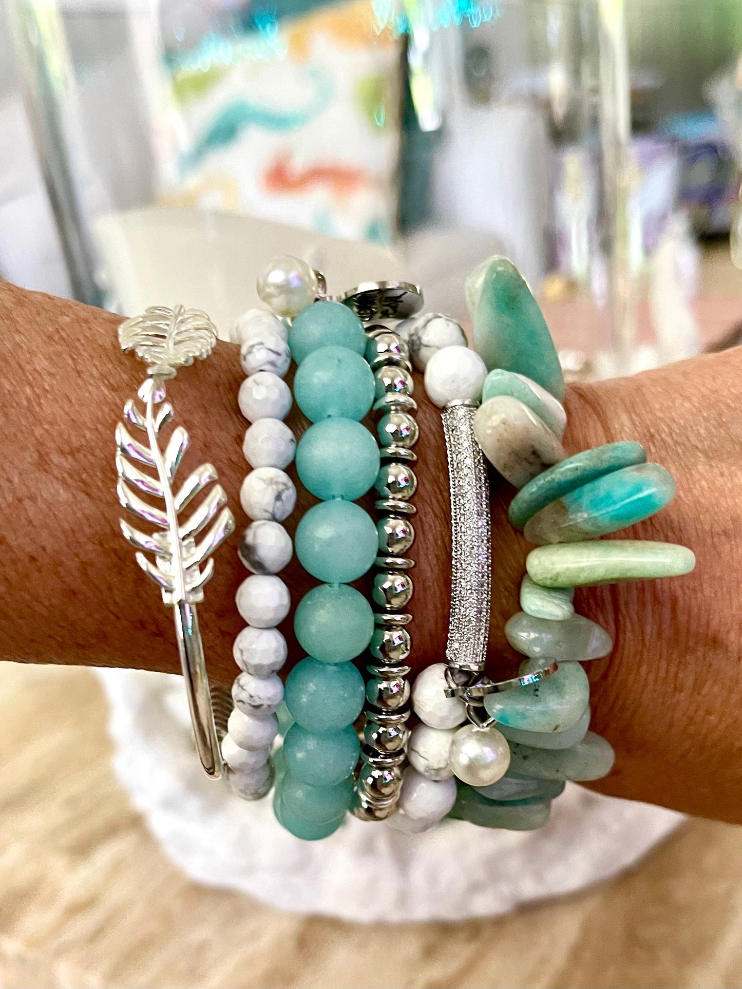 Amazonite slices/white howlite beads/silver leaf cuff/Bead boho bracelet set