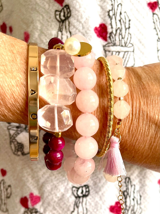 Love and pink! Rose quartz stones/Two gold cuffs/rose quartz beads with silk tassel