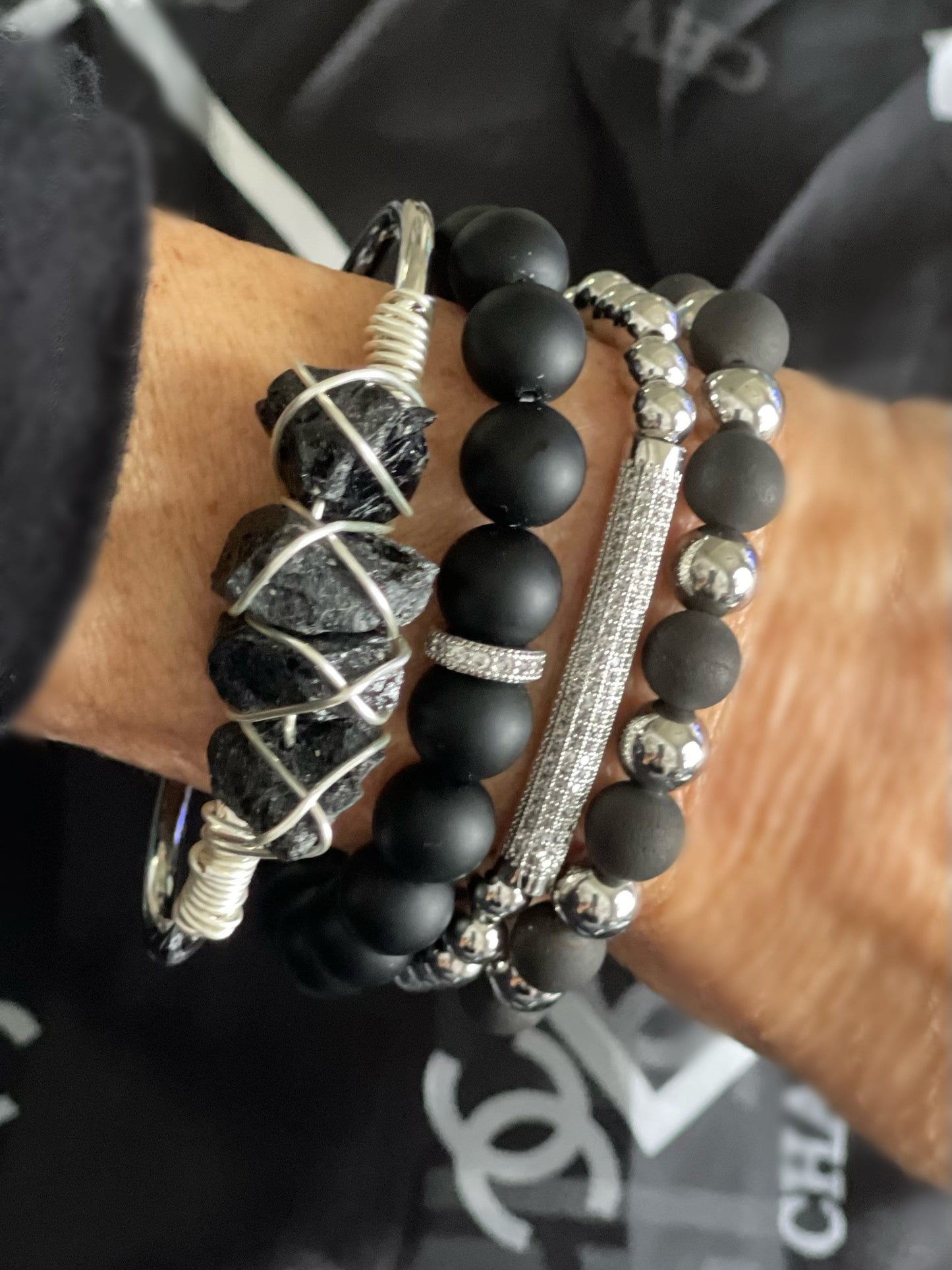 Gorgeous Black obsidian stones and silver beads