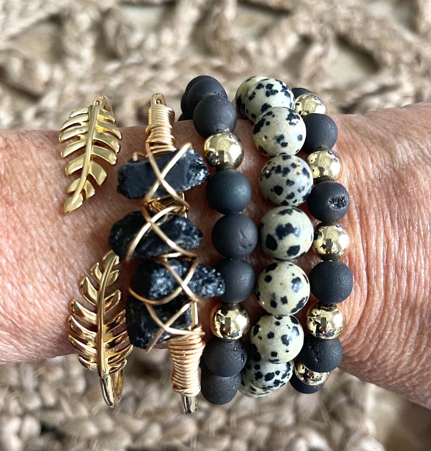 Gold cuff with black geode and Dalmatian beads gold leaf cuff/bracelet set