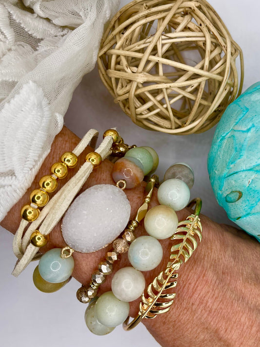 Beautiful amazonite stack/druzy quartz/ gold cuff/leather-Bead bracelet set