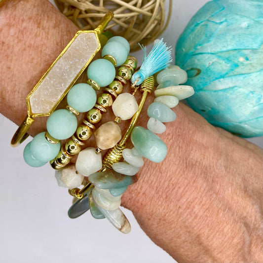 Soft blue amazonite beads/druzy cuff/gold cuff