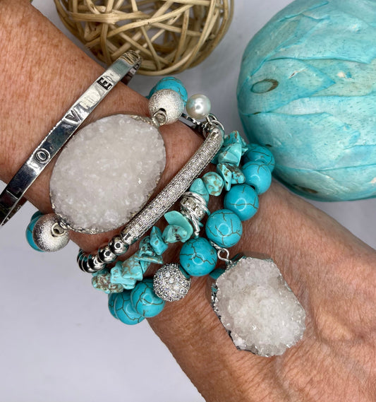 Gorgeous blue turquoise/silver beads/druzy quartz