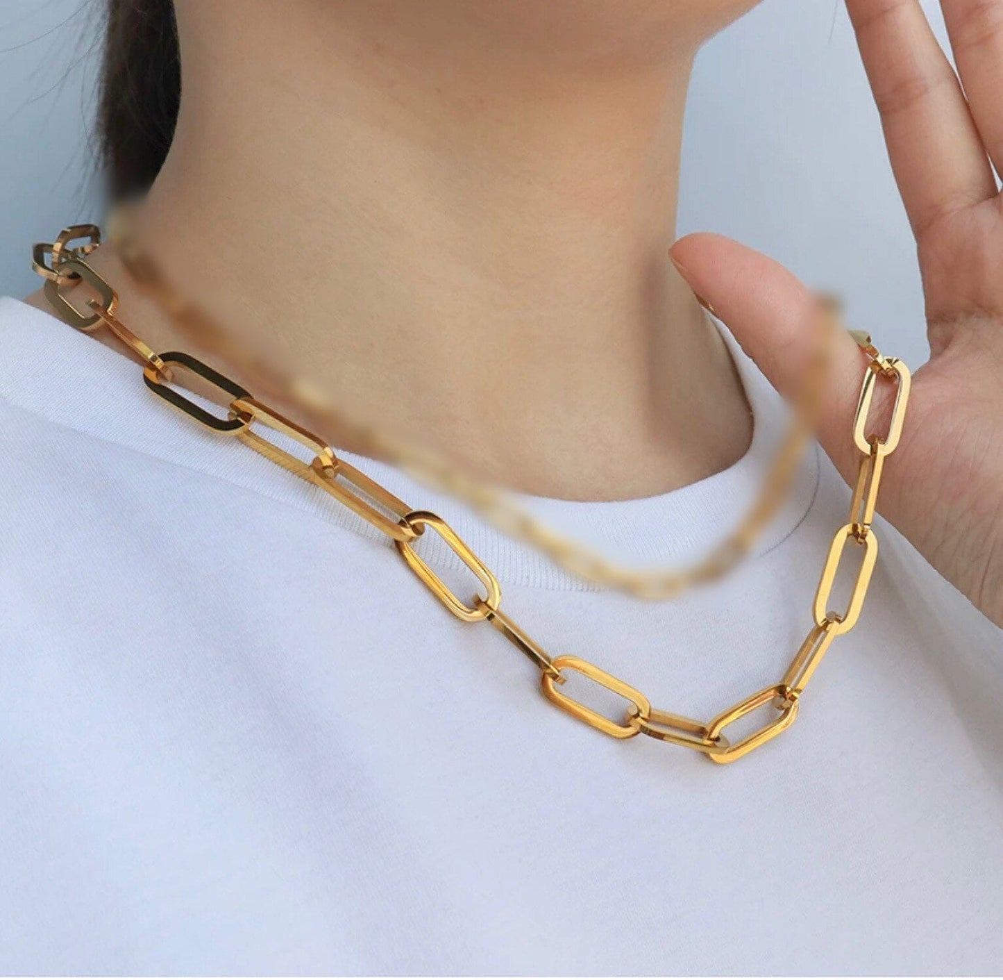 Stefanie necklace/Chunky gold paper clip chain necklace/18kt gold Ion plated stainless steel/Waterproof/Hypoallergenic/17” + 3” extension