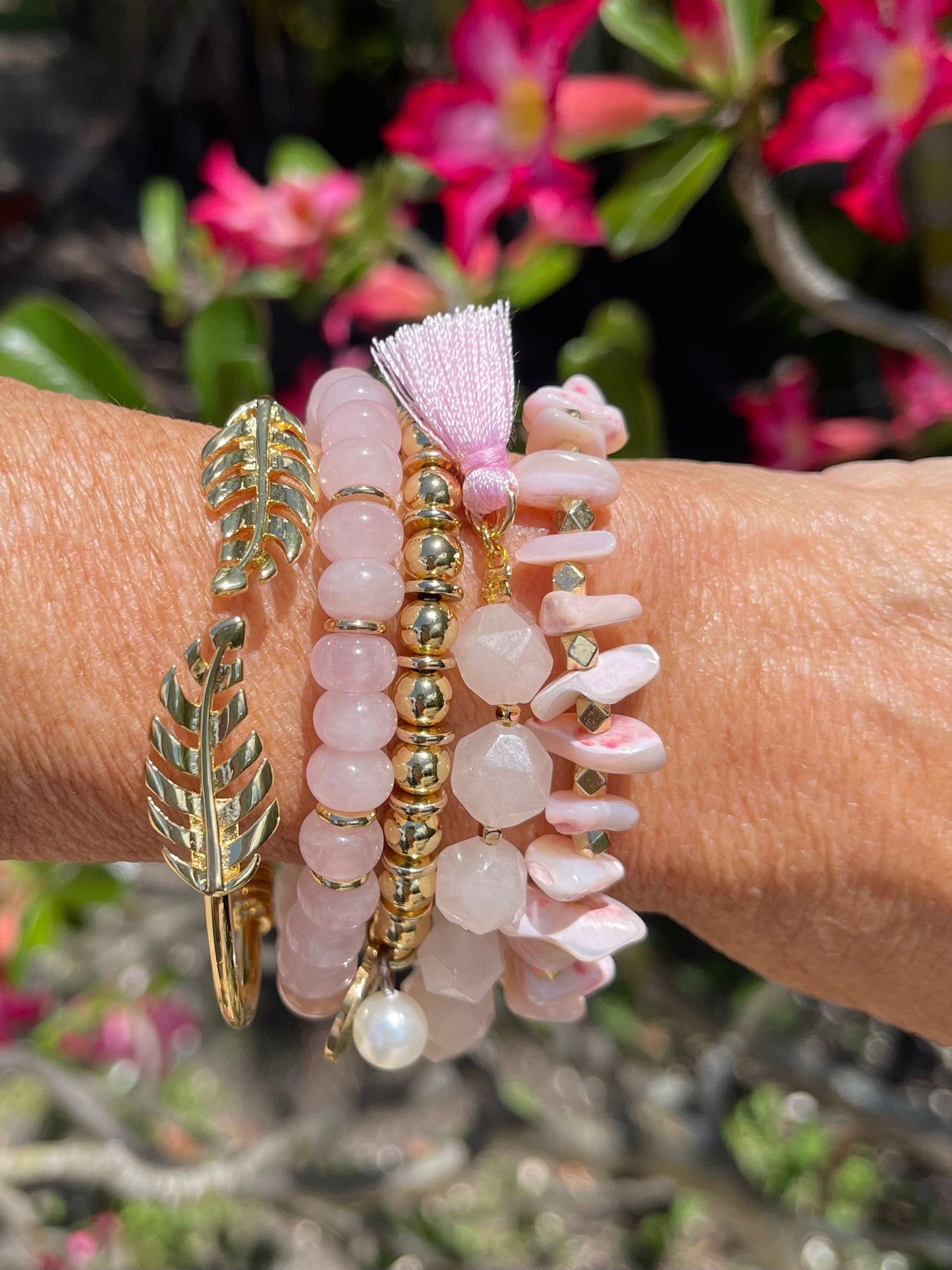 Pink opal chip bracelet stack with gold cuff