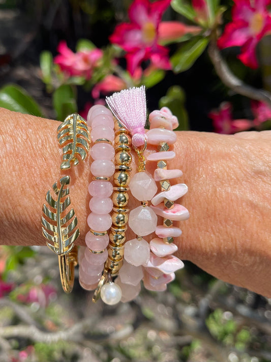 Pink opal chip bracelet stack with gold cuff