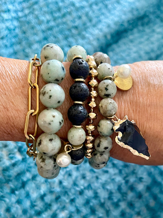 Mint green Dalmatian bead stack/ lava stones/gold paper clip bracelet