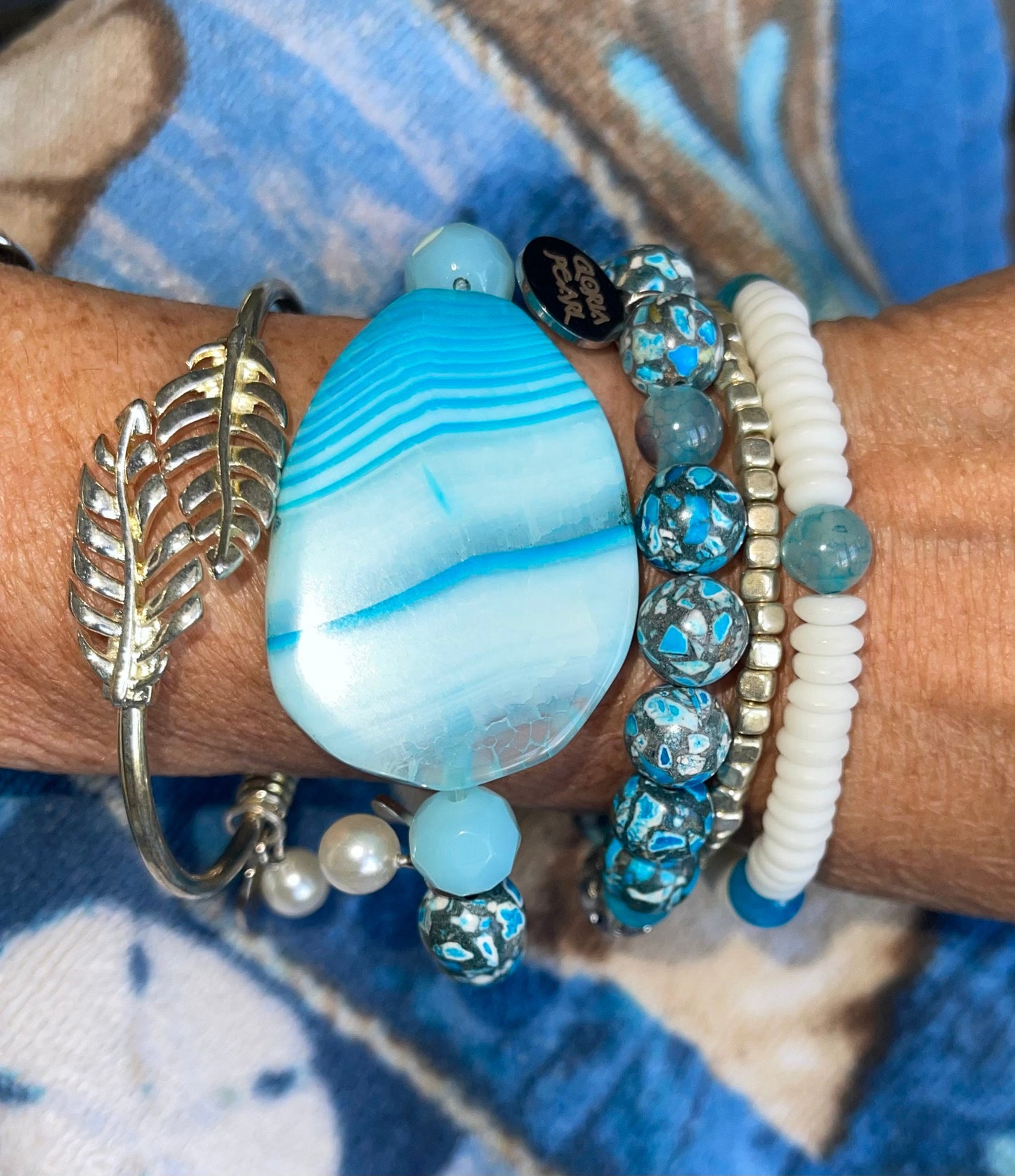 Agate chunk with matching agate chip beads/silver leaf cuff.  Beautiful for summer!