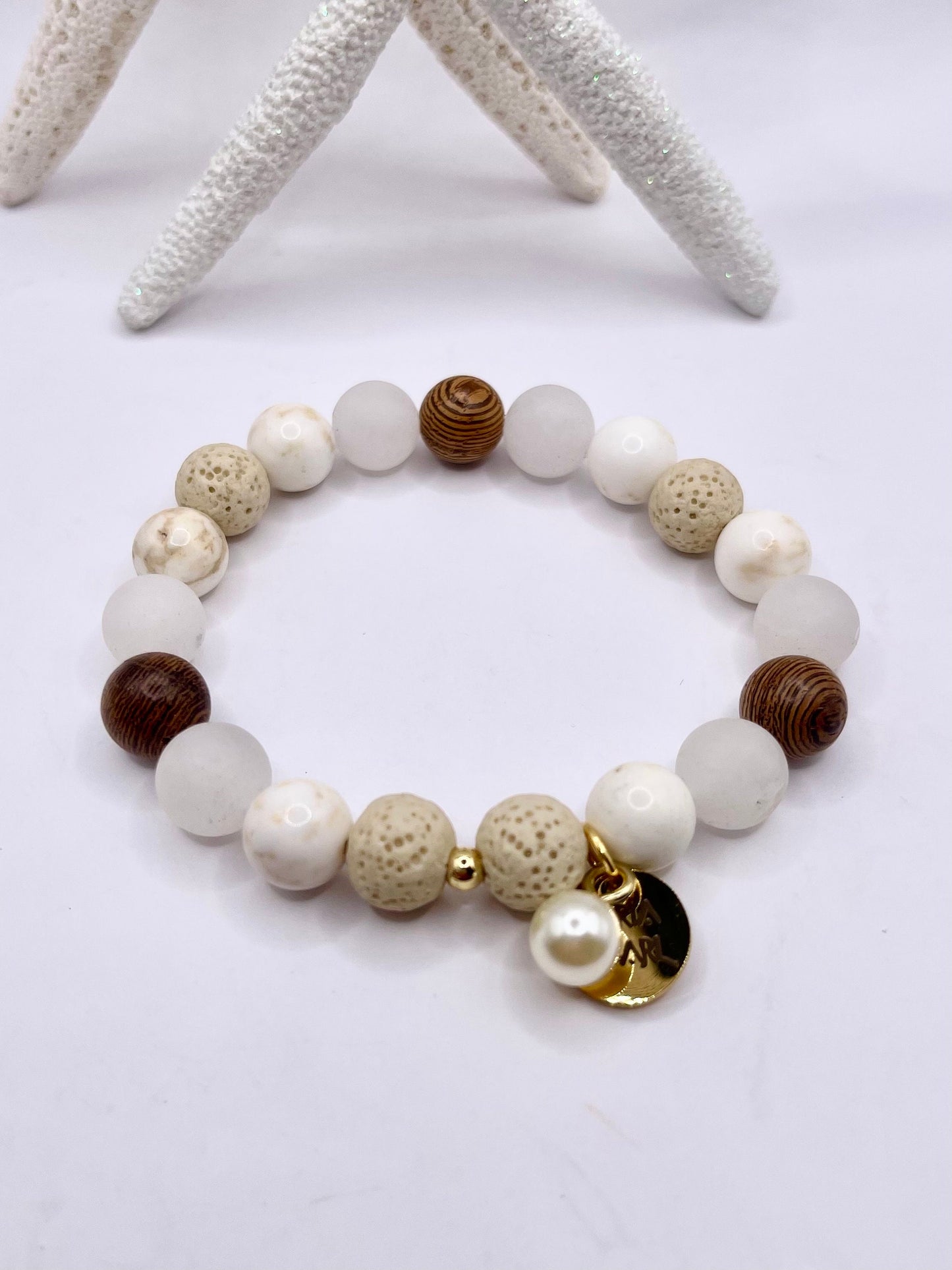 Mala bracelets that includes the luxurious stones, agate, angelite, aventurine, howlite, lava/jade