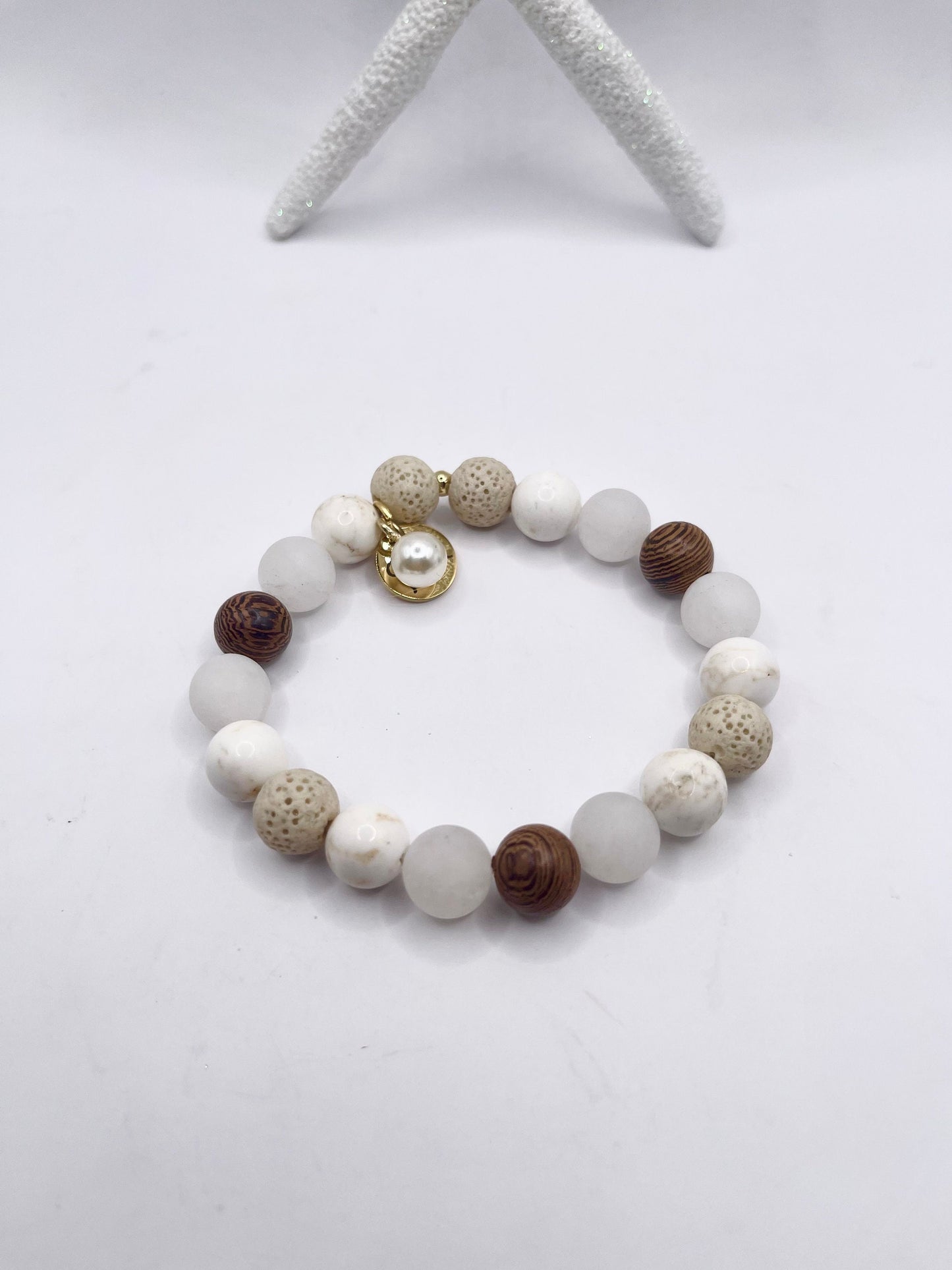 Leather bracelet/rosewood/lava and jasper beads/6 piece set