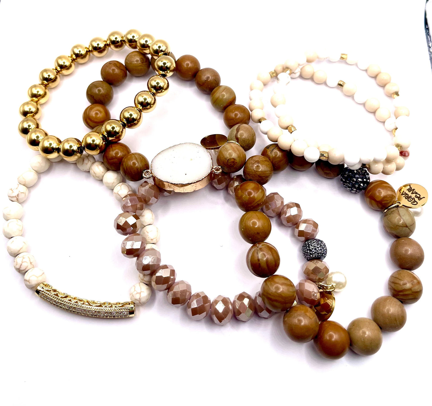 Jasper beads and cream howlite/druzy quartz/10mm gold beads