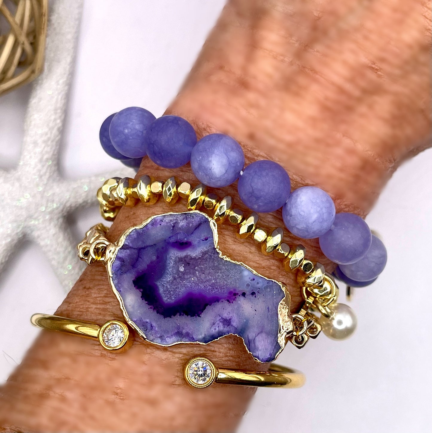 Agate slice in purple adjustable bracelet/chalcedony beads in purple/ gold cz cuff and gold bracelet/bead bracelet set