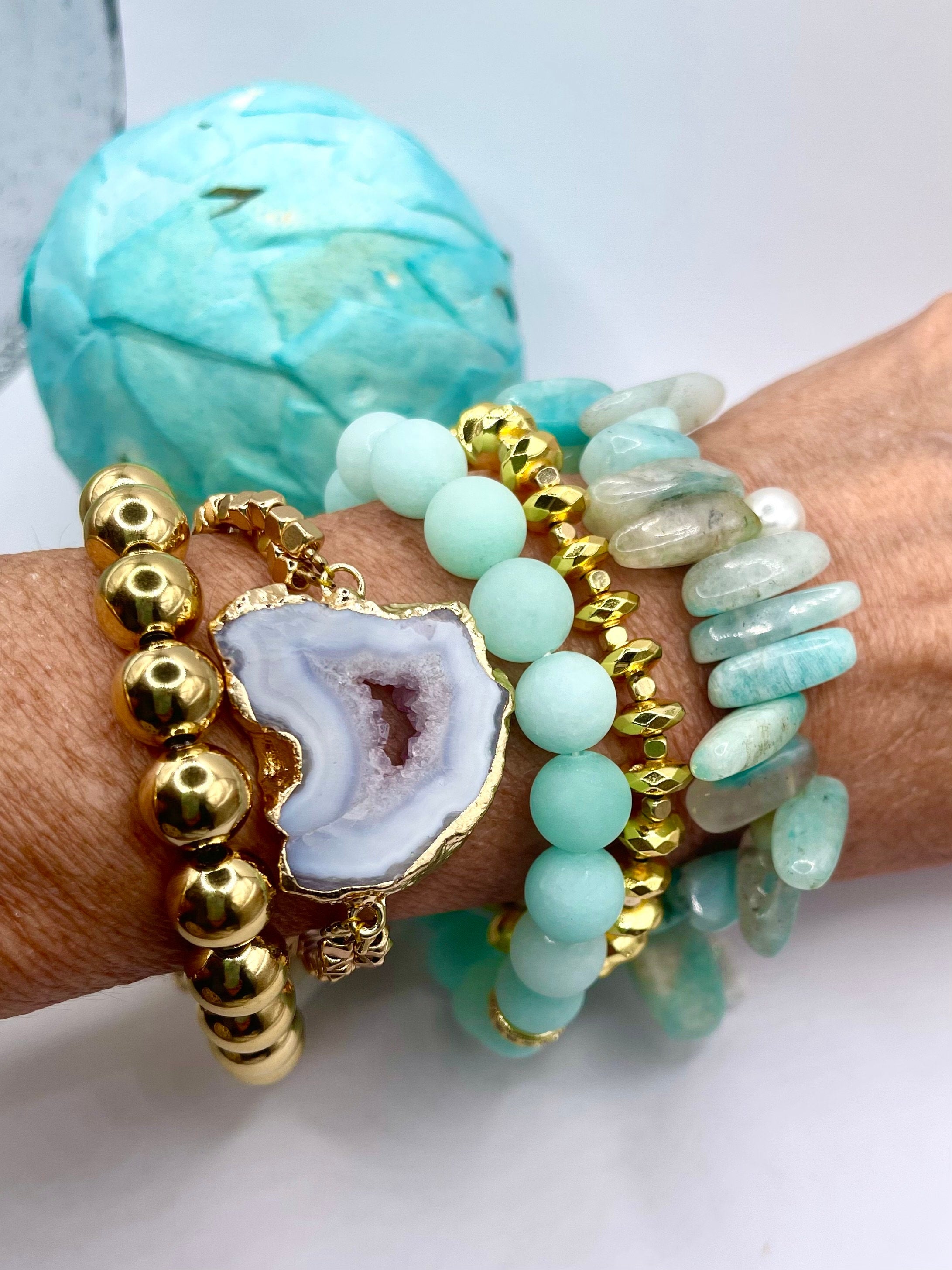 Natural Blue Aquamarine, outlet Azure Amazonite & Agate Gemstone Beads Bracelet Stack