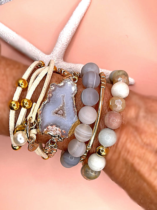 Agate slice bracelet/Leather wrap bracelet/stone beads/bead bracelet set