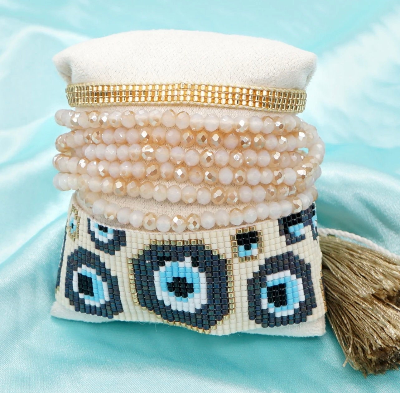 Miyuki seed beads bracelet stack/crystal multi strand with tassels/Boho style!