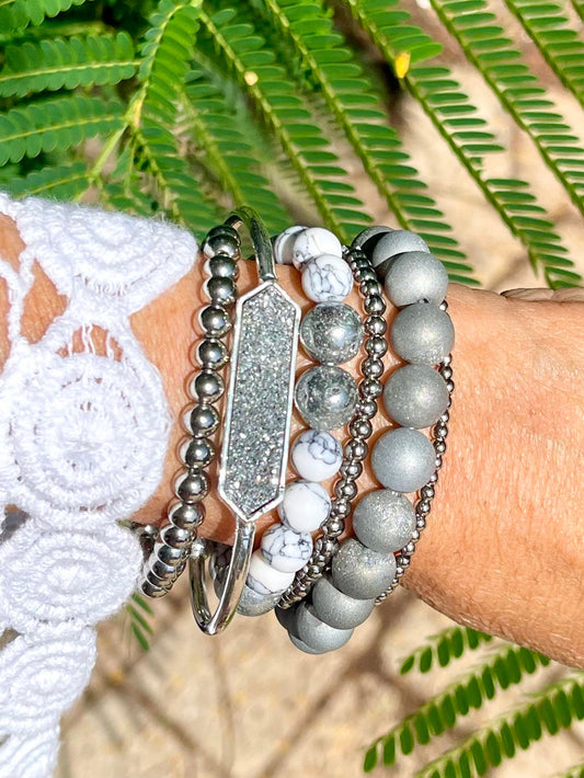 Druzy quartz cuff with grey geode beads and silver bead bracelets