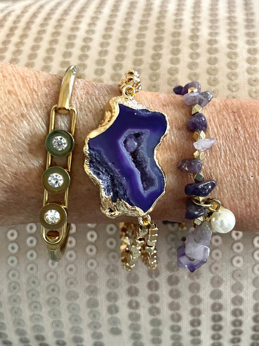 Purple slice  agate bracelet with amethyst nugget bracelet and a gold cz bracelet