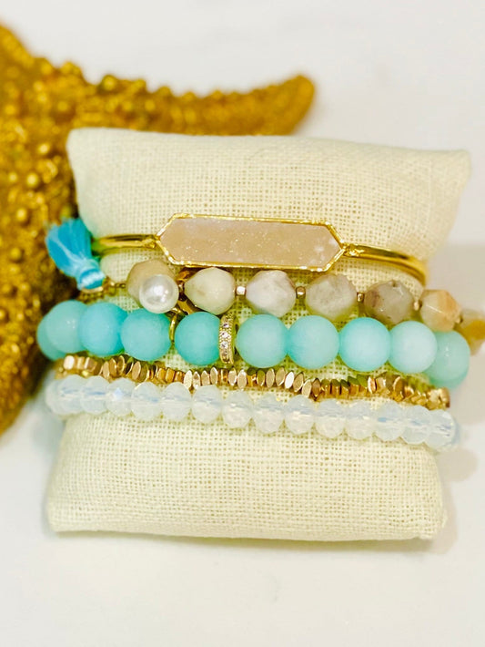 Druzy quartz cuff with blue chalcedony beads and gold bracelets