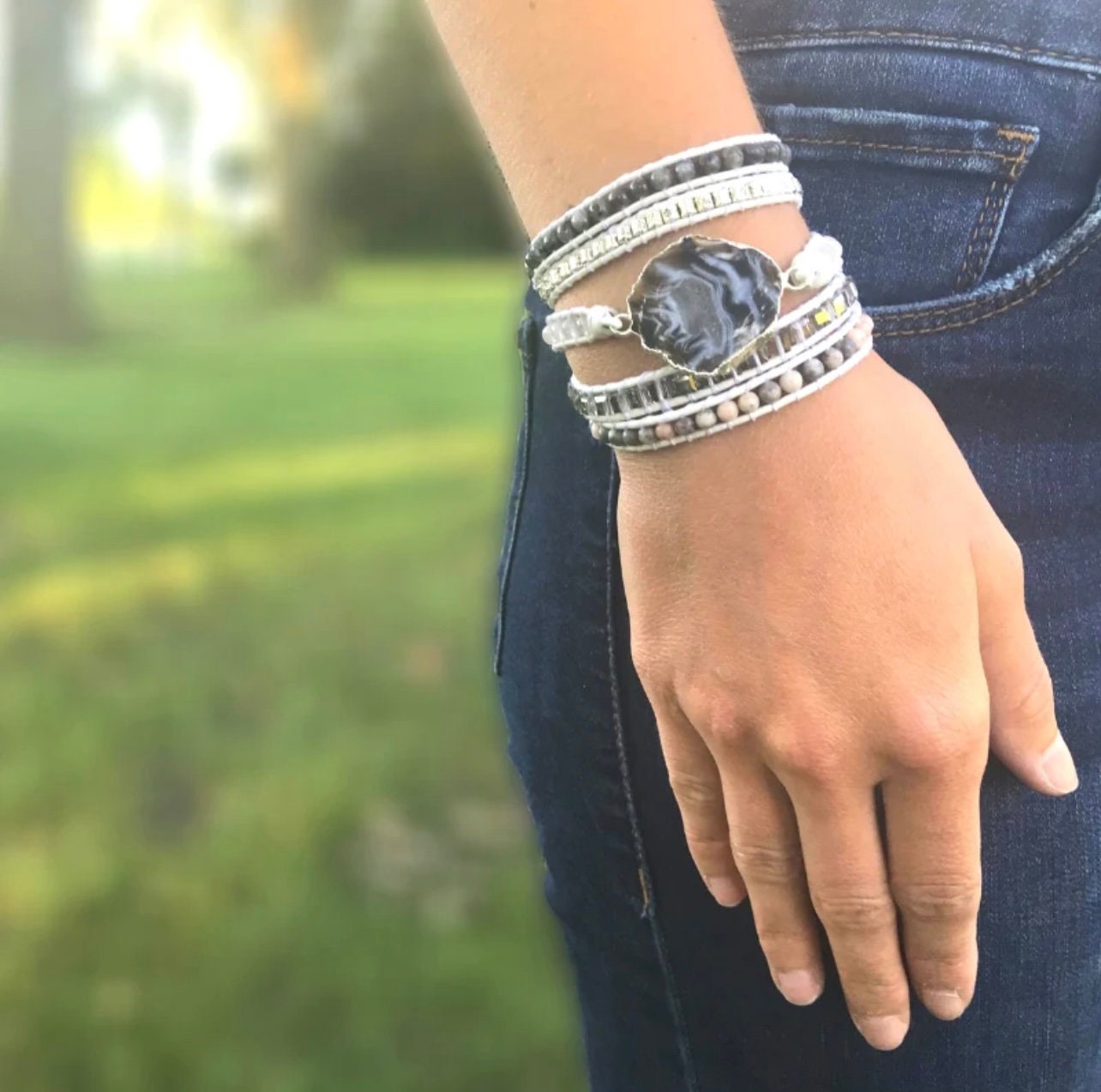 White Labradorite & Druzy Quartz Bracelet