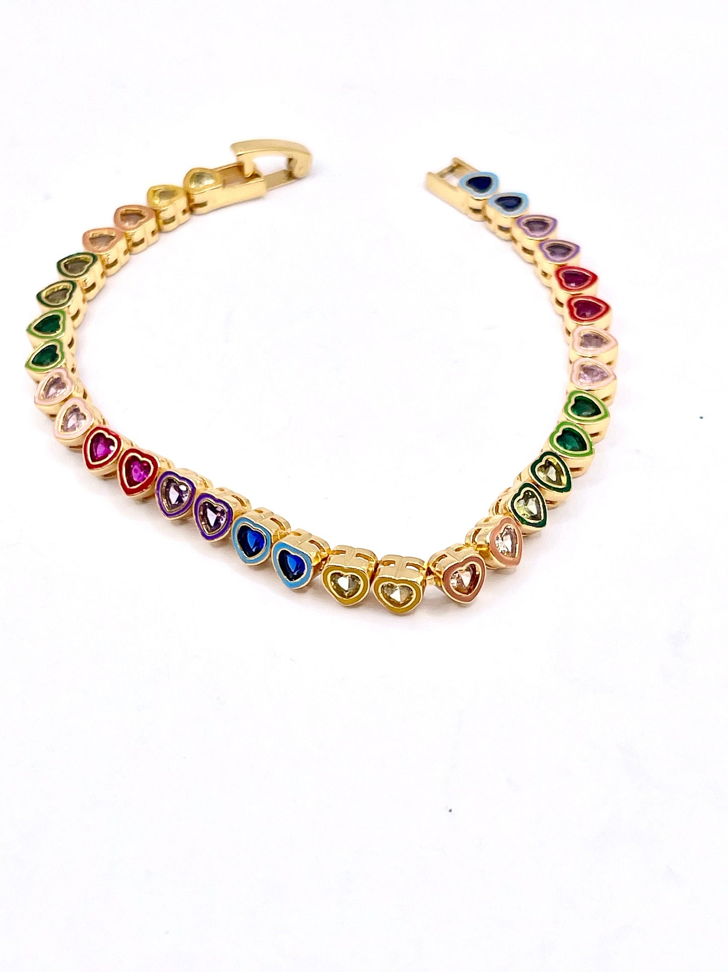 Eternity Love 5 AA Cubic zirconia multi color tennis heart bracelet set in rainbow color enamel