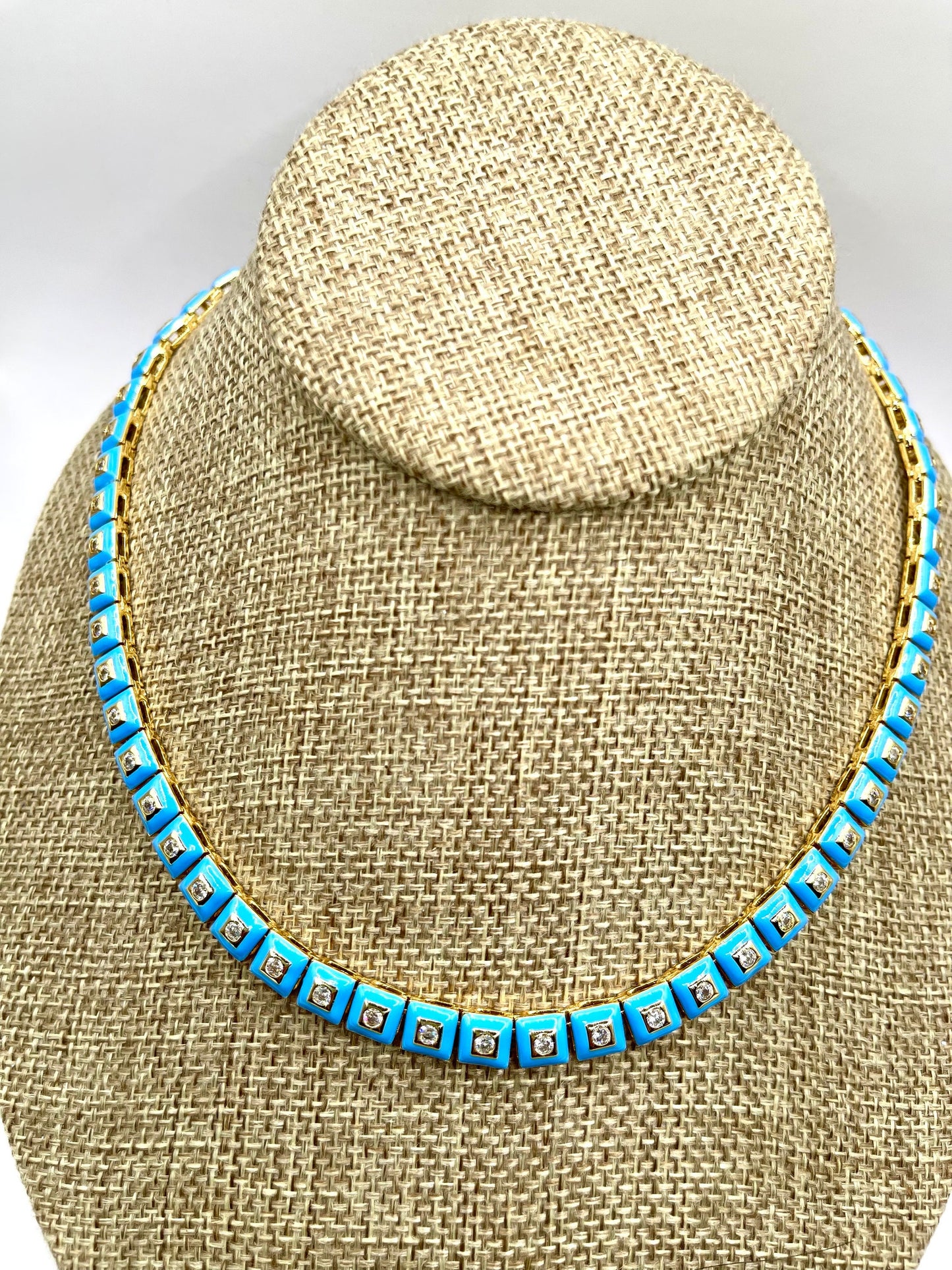 Eternity turquoise blue enamel tennis necklace with cubic zirconia 5AA stones