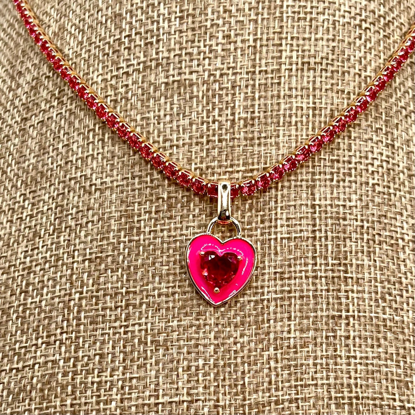 Pink tennis necklace with hot pink zircon stone heart