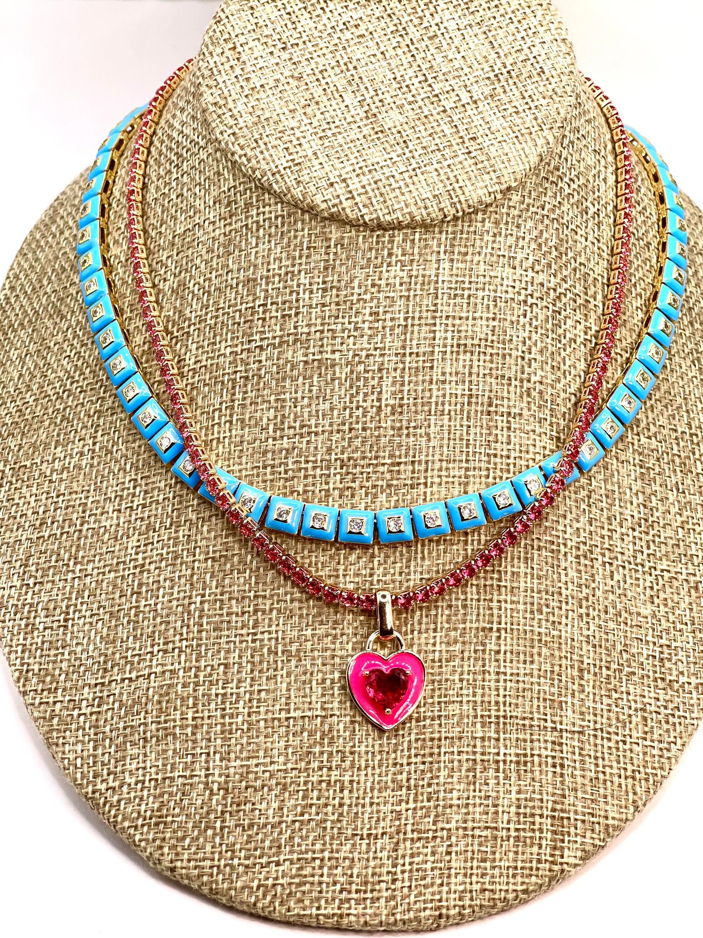 Pink tennis necklace with hot pink zircon stone heart