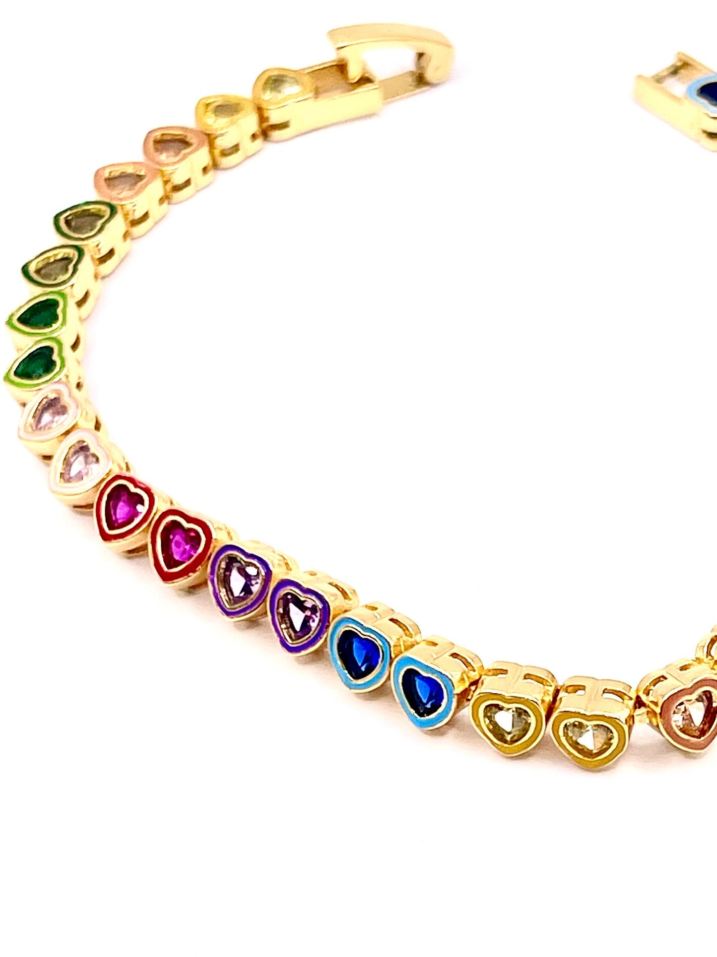 Eternity Love 5 AA Cubic zirconia multi color tennis heart bracelet set in rainbow color enamel