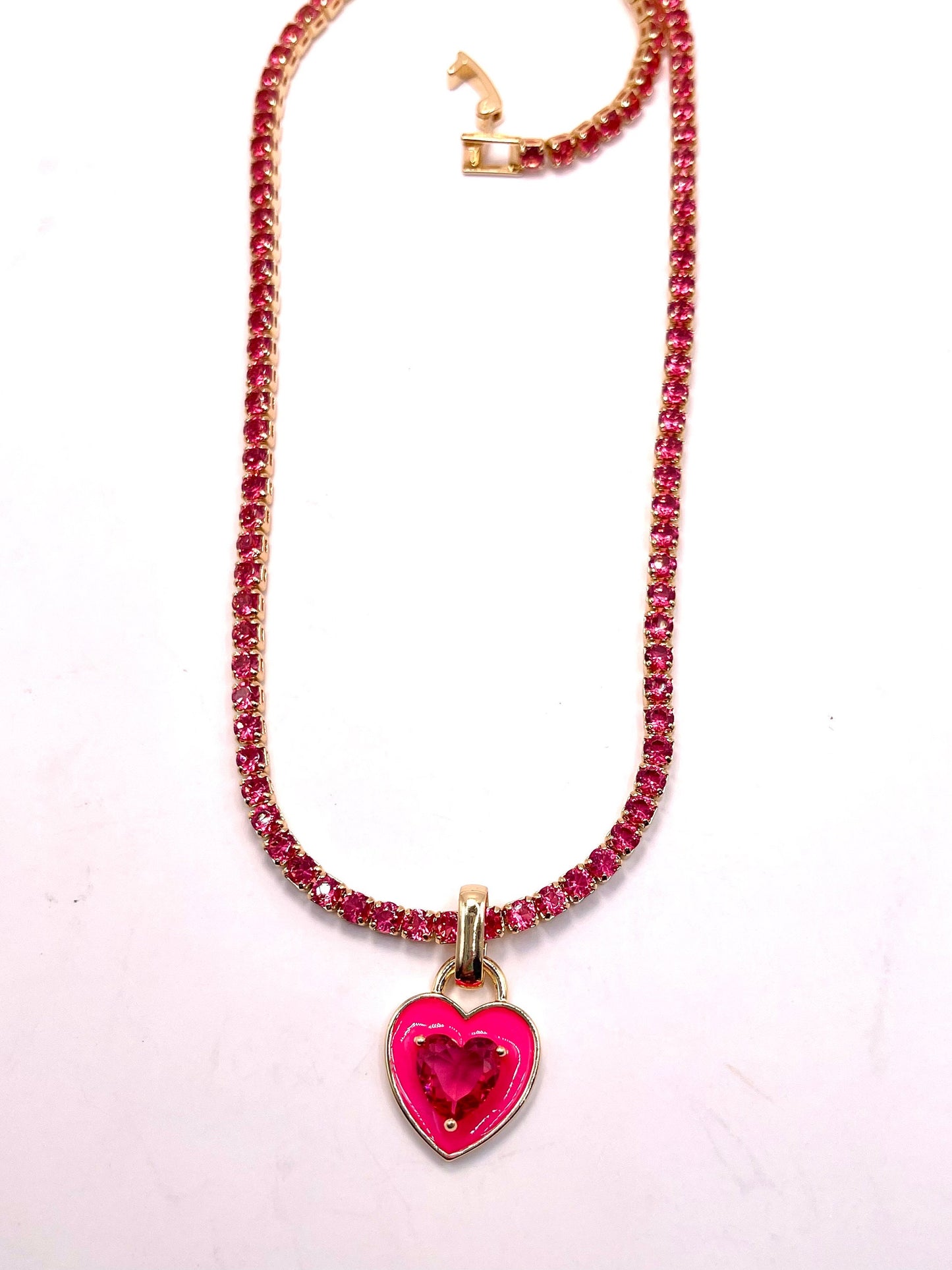 Pink tennis necklace with hot pink zircon stone heart