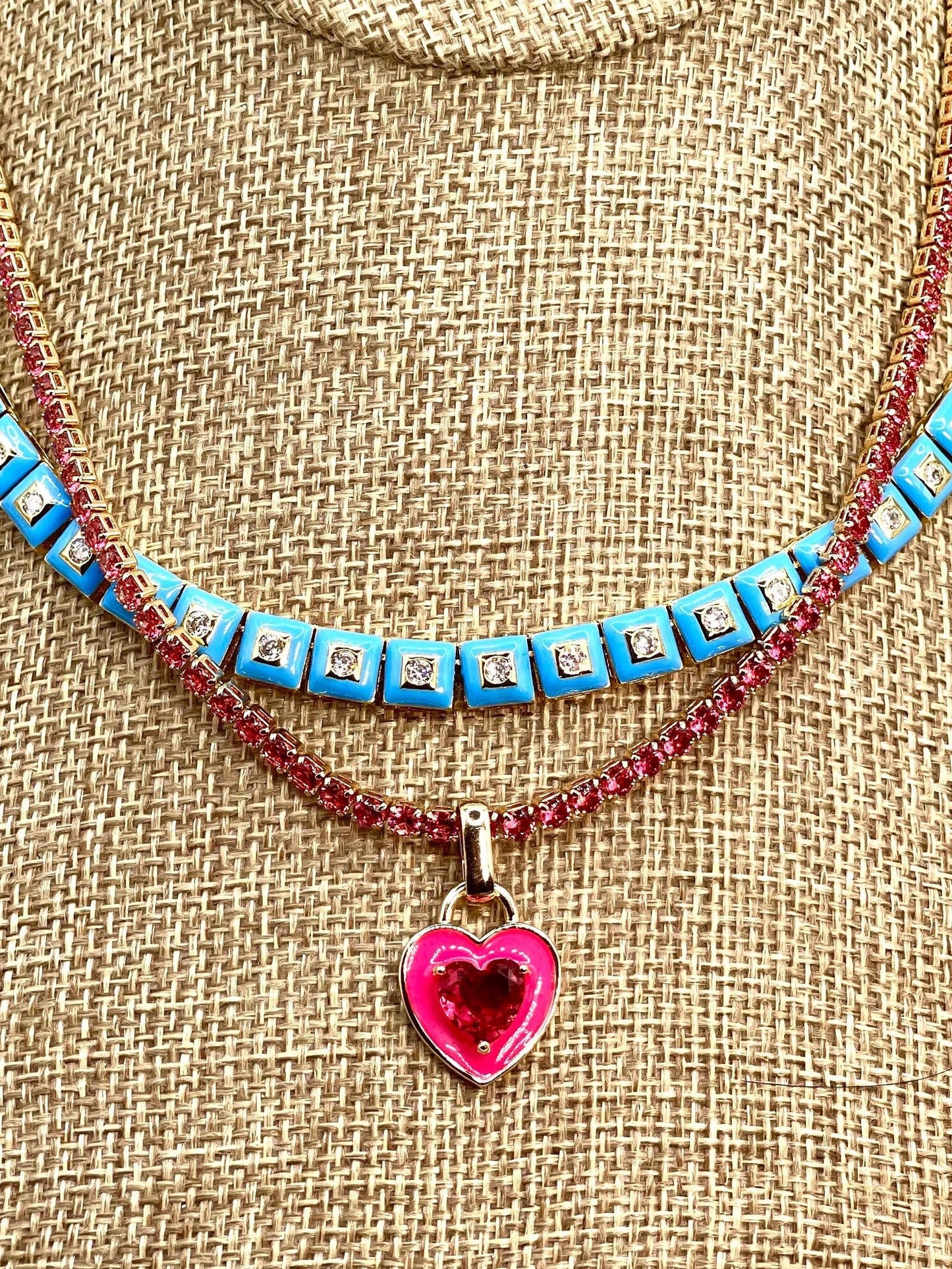 Eternity turquoise blue enamel tennis necklace with cubic zirconia 5AA stones