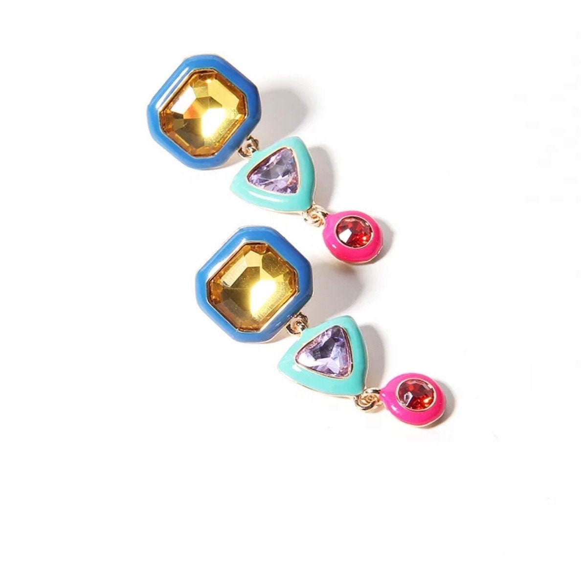 Multi color zircon dangle earrings set in enamel