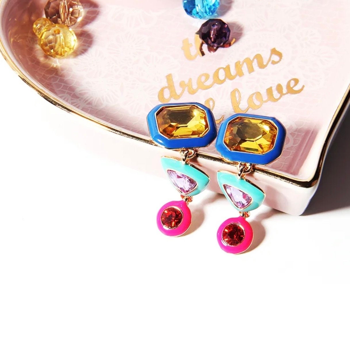 Multi color zircon dangle earrings set in enamel