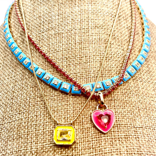 Blue enamel tennis necklace stacked/Pink heart tennis necklace/snake chain yellow zircon necklace/3 piece set