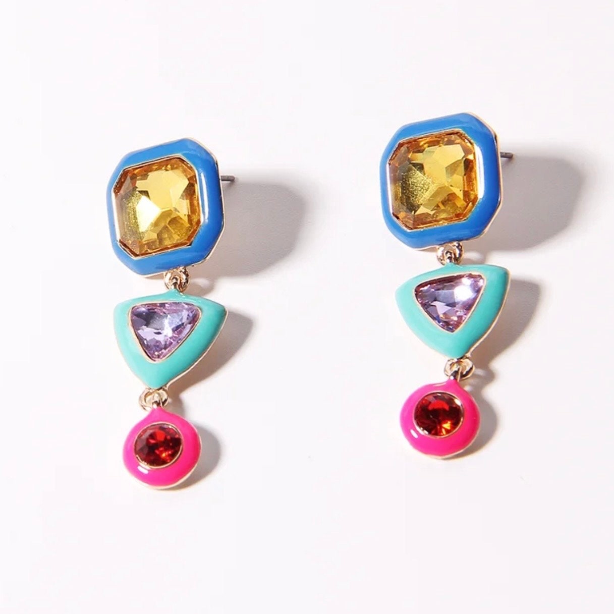 Multi color zircon dangle earrings set in enamel