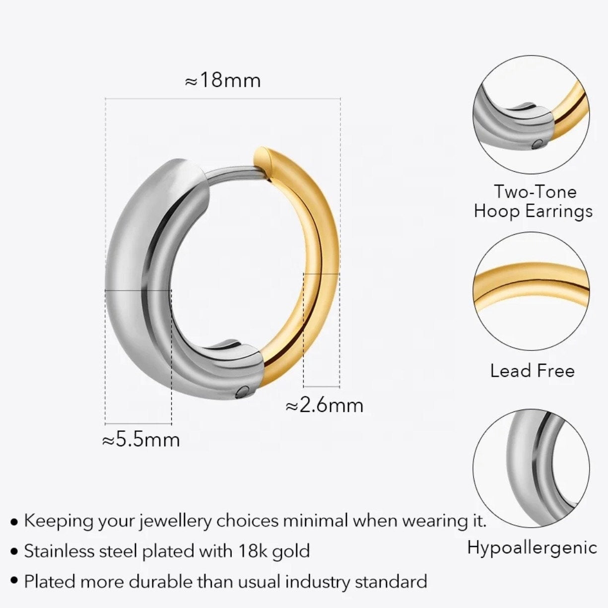 Reversible silver/gold chunky tube hoops