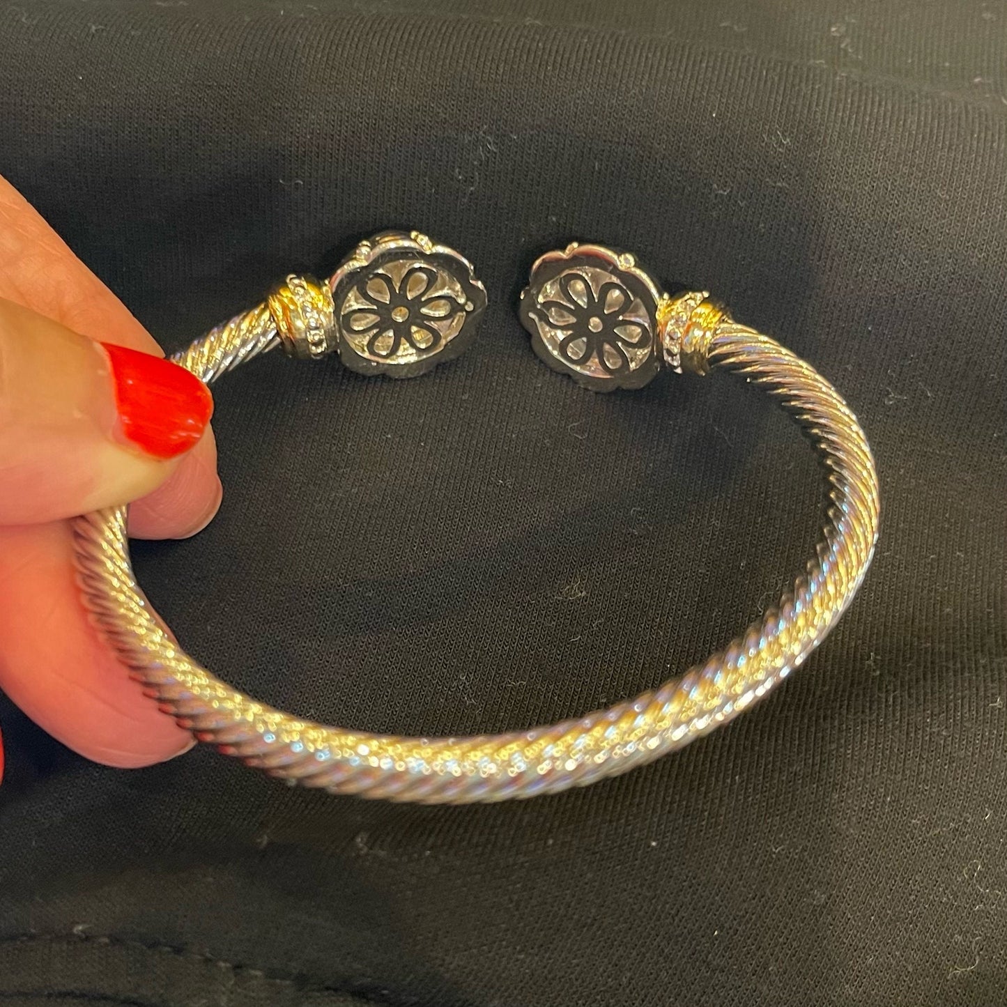 Two tone  wire cuff bracelet with mother of pearl clover design